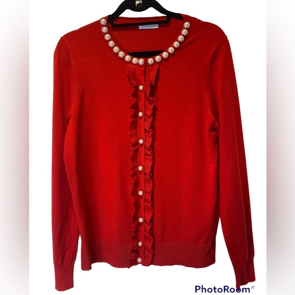 Charter Club Womens Size L Ruffled-Front Cardigan Faux Pearl Buttons - Picture 2 of 5